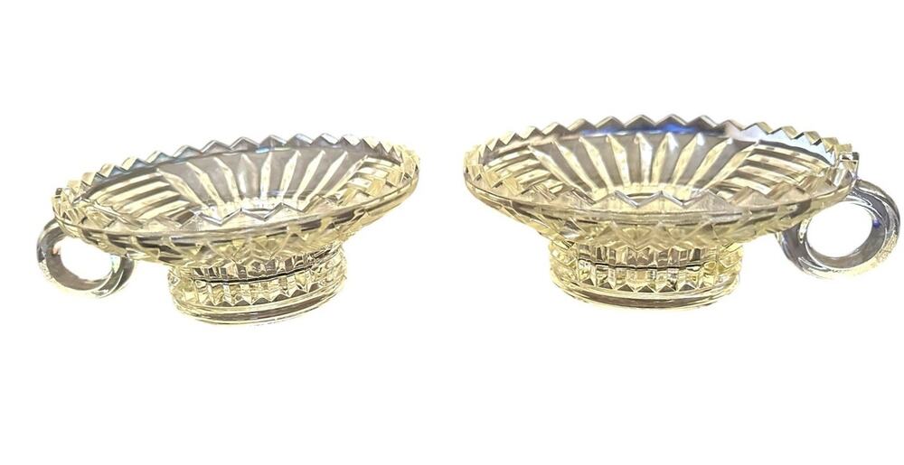 Pair of Vintage Jeanette Pressed Glass Finger Ring Chamberstick Candle Holders